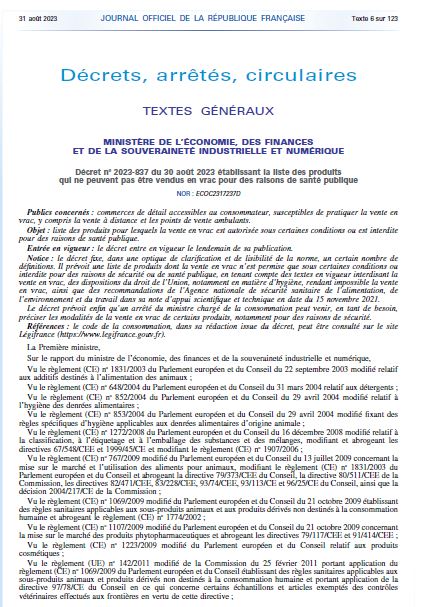 Décret établissant la liste des produits qui ne peuvent pas être vendus en vrac pour des raisons de santé publique